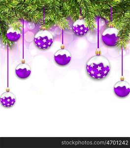 Shimmering Snowing Background with Fir Branches. Illustration Shimmering Snowing Background with Fir Branches and Purple Christmas Balls - Vector