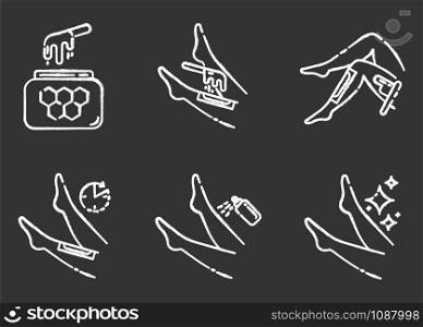 Shin waxing chalk icons set. Leg hair removal with natural honey hot wax strips process. Female body depilation steps. Professional beauty treatment cosmetics. Isolated vector chalkboard illustrations