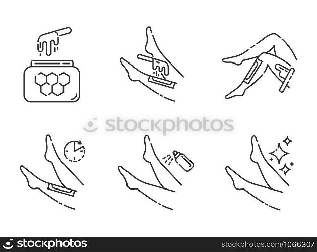 Shin waxing linear icons set. Leg hair removal with natural honey hot wax strips process. Body depilation steps. Thin line contour symbols. Isolated vector outline illustrations. Editable stroke