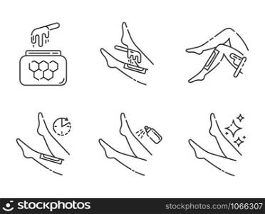 Shin waxing linear icons set. Leg hair removal with natural honey hot wax strips process. Body depilation steps. Thin line contour symbols. Isolated vector outline illustrations. Editable stroke