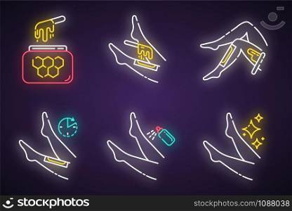 Shin waxing neon light icons set. Leg hair removal with natural honey hot wax strips process. Female body depilation steps. Professional beauty treatment. Glowing signs. Vector isolated illustrations