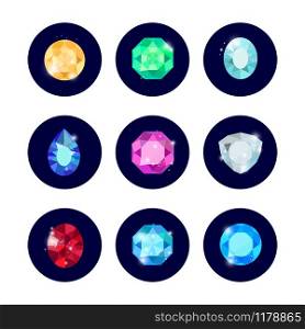 Shine colorful diamond icons set in black curcles, vector illustration. Shine diamond icons set