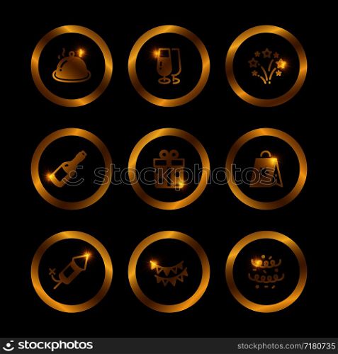 Shine gold festive icons vector collection illustration isolated on black background. Shine gold festive icons vector of collection