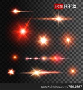 Shine light effects, vector red sparkles and glow with lens flares on transparent background. Shiny star burst and sun beams or rays with sparkles, glare flashes and glowing stripes. Red shine lights, flare effects and sparkles