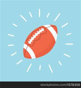 Shining american football ball. Rugby ball. Sport card. Hand drawn vector illustration in cartoon and flat style on blue background. Shining american football ball. Rugby ball. Sport card. Hand drawn vector illustration