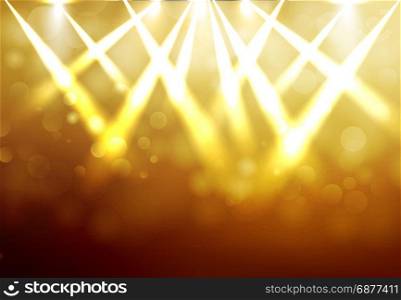 Shining Gold disco spotlights with blured bokeh on dark background. Vector illustration