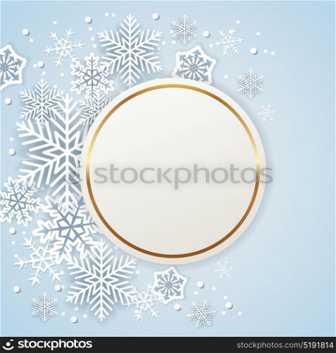 Shining golden holiday background with white paper snowflakes. Abstract round Christmas banner.