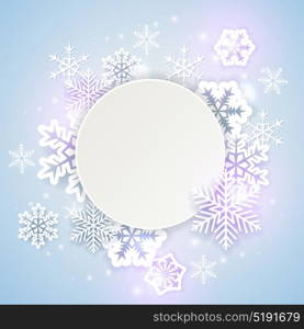 Shining holiday background with white paper snowflakes. Abstract round Christmas banner.