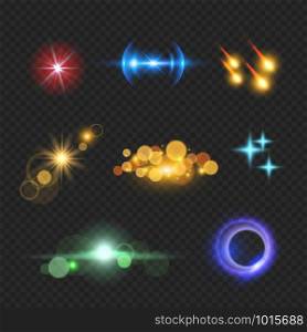 Shining lens flare effects. Solar light bokeh realistic vector template. Realistic glowing, flare lens bokeh, explosion sparkle, glitter and dazzle, bursting illuminated illustration. Shining lens flare effects. Solar light bokeh realistic vector template