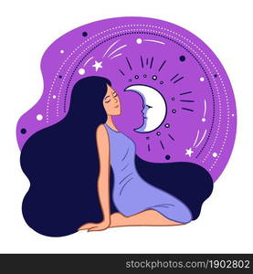 Shining moon and stars, space and galaxy exploration. Woman wearing elegant long dress sitting by night sky. Fantasy and dreaming, witchcraft and occult knowledge of lady. Vector in flat style. Calm and relaxed woman with moon and moonshine