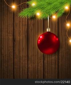 Shining red decoration, green fir branch and garland. Christmas background.