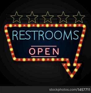 Shining retro light banner restrooms on a black background.vector
