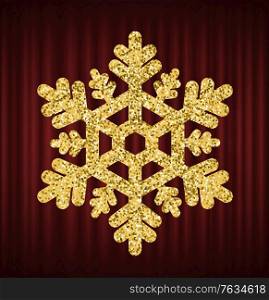 Shining snowflake made of gold vector, isolated luxurious decor element. Merry christmas icon, decorative object on red curtain. Ornament of flake. Red curtain theater background. Snowflake Glowing Ice Shining Decoration Vector