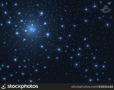 Shining stars glow in the dark sky background. Outer space universe blue. Vector illustration