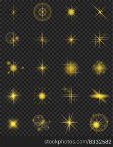 shining stars with glow effect and sparks vector illustration isolated on black background