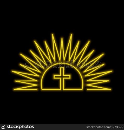Shining sun and cross neon sign. Resurection concept. Bright glowing symbol on a black background. Neon style icon.