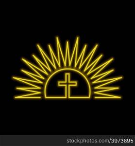 Shining sun and cross neon sign. Resurection concept. Bright glowing symbol on a black background. Neon style icon.