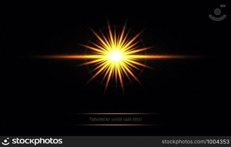 Shining sun flare isolated on dark transparent background. Lens flare, bokeh, shining star with rays concept. Glowing vector light effect.. Shining sun flare isolated on dark transparent background.