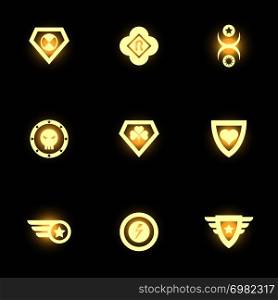 Shining superhero emblem, logo or icons on black backdrop. Vector illustration. Superhero emblem, logo or icons on black backdrop