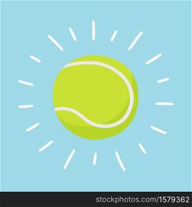 Shining tennis ball. Sport card. Hand drawn vector illustration in cartoon and flat style on blue background. Shining tennis ball. Sport card. Hand drawn vector illustration