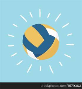 Shining volleyball ball. Sport card. Hand drawn vector illustration in cartoon and flat style on blue background. Shining volleyball ball. Sport card. Hand drawn vector illustration