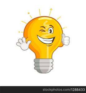 Shining yellow light bulb isolated on white background. Smiling lightbulb with funny emotion. Emoji on creative idea, inspiration symbol.Decoration for greeting cards, prints, badges, posters.Vector.. Shining yellow smiling light bulb.