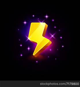 Shining yellow lightning, slot icon for online casino or logo for mobile game on dark background, vector illustration. Shining yellow lightning icon for online casino or logo for mobile game on dark background, vector illustration.
