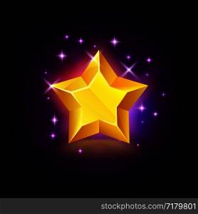 Shining yellow star with sparkles, slot icon for online casino or logo for mobile game on dark background, vector illustration. Shining yellow star with sparkles, slot icon for online casino or logo for mobile game on dark background, vector illustration.