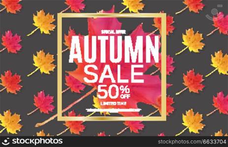 Shiny Autumn Leaves Sale Banner. Business Discount Card. Vector Illustration EPS10. y2018-08-23-01