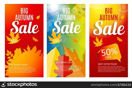 Shiny Autumn Leaves Sale Banner Template Set. Business Discount Card. Vector Illustration EPS10. Shiny Autumn Leaves Sale Banner Template Set. Business Discount