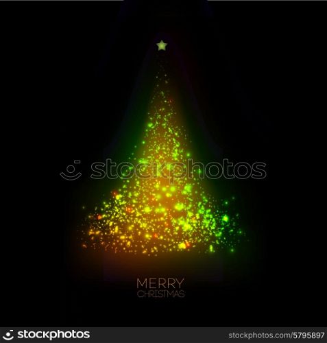 Shiny Christmas tree in black poster . Vector illustration.. Shiny Christmas tree in black poster