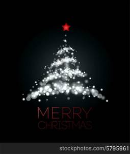 Shiny Christmas tree in black poster . Vector illustration.. Shiny Christmas tree in black poster