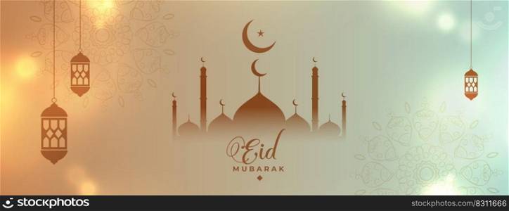shiny eid mubarak festival banner with mosque and moon