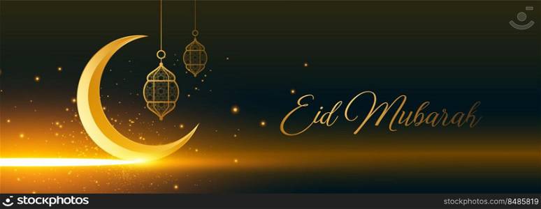 shiny eid mubarak golden moon and lantern banner