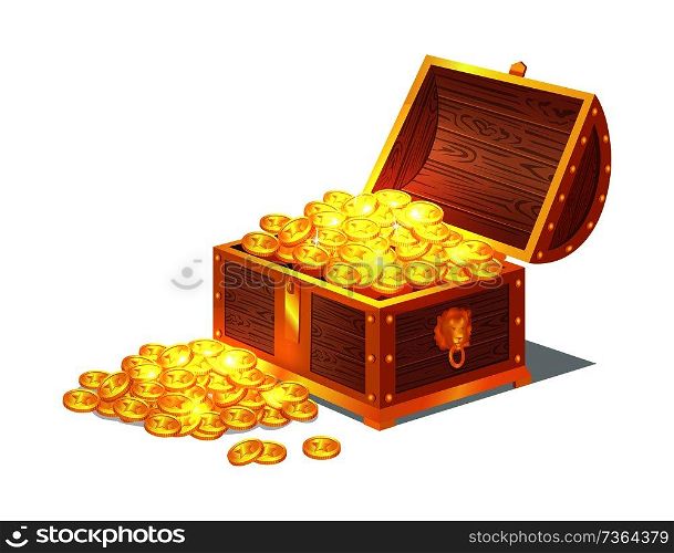 Shiny gold ancient coins in old open wooden chest. Precious treasures in heavy box. Medieval money hidden in solid container vector illustration. Shiny Gold Ancient Coins in Old Open Wooden Chest