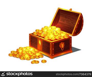 Shiny gold ancient coins in old open wooden chest. Precious treasures in heavy box. Medieval money hidden in solid container vector illustration. Shiny Gold Ancient Coins in Old Open Wooden Chest