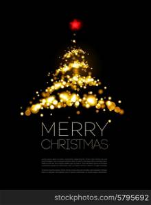Shiny Gold Christmas tree in black poster . Vector illustration.. Shiny Gold Christmas tree in black poster
