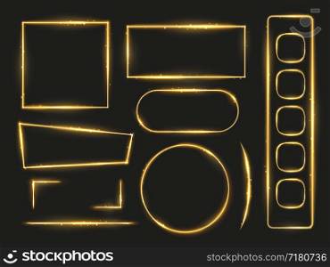 Shiny gold glowing frames and angles vector for holidays design illustration isolated on black. Shiny gold glowing frames and angles vector for holidays design