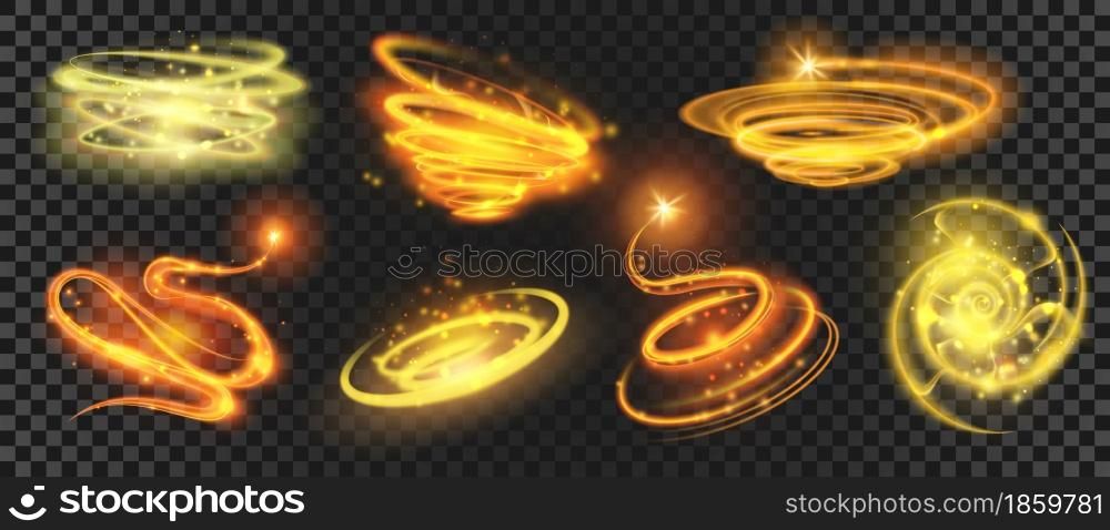 Shiny gold magic spirals and circles with sparkle dust. Glow glitter swirls. Shooting star with motion effect. Magic light trail vector set. Luxury bright sparkling shimmer for decoration