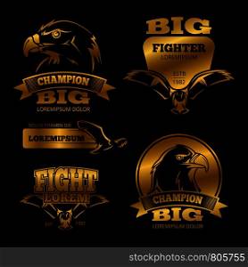 Shiny golden eagle heraldry vector labels, logos, emblems on black backdrop illustration. Golden eagle heraldry vector labels, logos, emblems