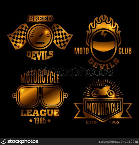Shiny golden motorbike and motorcycle sport labels vector of set illustration. Golden motorbike and motorcycle sport labels vector