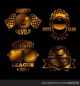 Shiny golden motorbike and motorcycle sport labels vector of set illustration. Golden motorbike and motorcycle sport labels vector