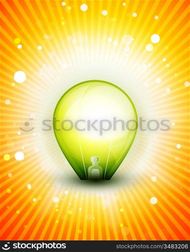Shiny green light bulb on orange background