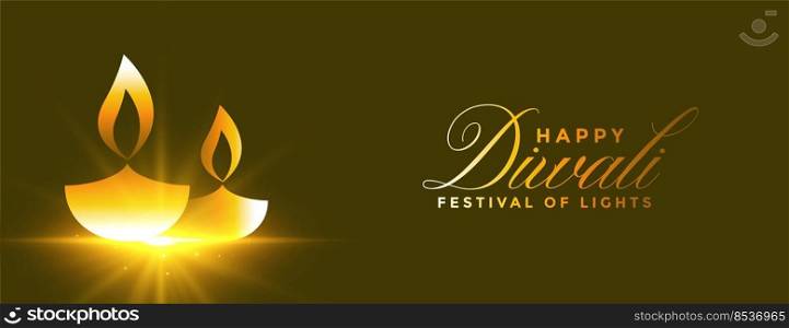 shiny happy diwali golden glowing diya banner design