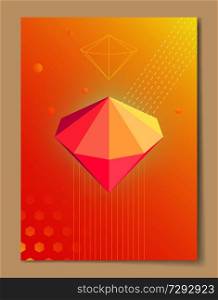 Shiny iridescent pink luminous diamond cartoon vector illustration on bright abstract poster with orange gradient background and geometric patterns.. Pink Diamond on Poster with Gradient background
