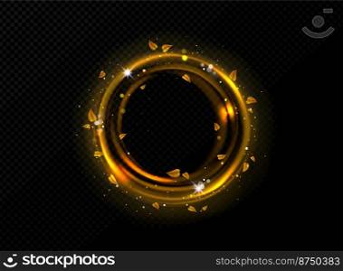 Shiny light circle frame with yellow foliage png isolated on transparent background. Realistic vector illustration of golden round border with leaves and shimmering dust particles flying in darkness. Shiny light circle frame with yellow foliage png