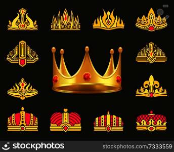 Shiny luxurious crowns of gold with gemstones set. Heraldic headdress for royal family. Gold crowns ornate with precious stones vector illustrations.. Shiny Luxurious Crowns of Gold with Gemstones Set
