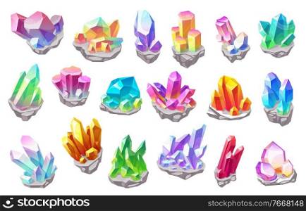 Shiny magic stones, gems and fantasy minerals set. Glowing topaz, garnet and diamond, ruby, brilliant and emerald cartoon vector. Fairytale precious gemstones, geology minerals sticking from rock. Shiny magic stones and fantasy minerals set