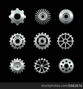 Shiny metal gears set isolated on dark background vector illustration. Shiny Metal Gears Set