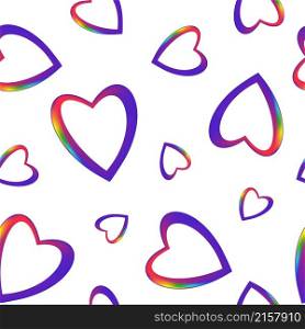 Shiny purple gradient hearts with rainbow edges in seamless pattern. Multicolored symbols of love, romance, relationship, pride for prints. Purple gradient hearts with rainbow edge, seamless pattern for prints